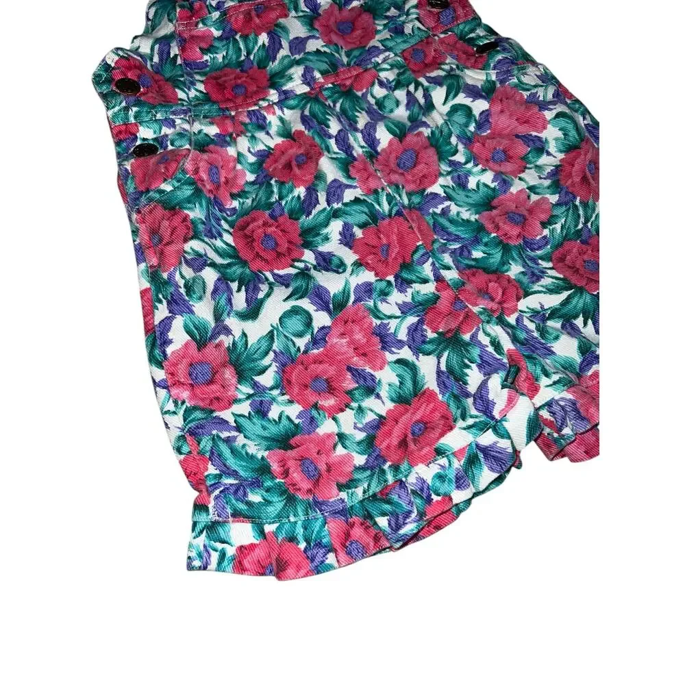 Vintage 80/90s Floral pink purple green denim ruffled shortalls girls size 4T
